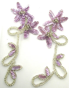 Flower Pair with Lavender Sequins and Silver Beads 8" x 3.5"