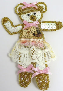 Ballerina Bear with pink Bows and Skirt  5" x 3.5" - Sequinappliques.com