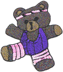 Bear Doing Aerobics Multi-Colored Sequins and Beads 9.5" x 7.25"