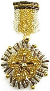 Badge Emblem with Gold Bronze Beads 2" x 3" - Sequinappliques.com