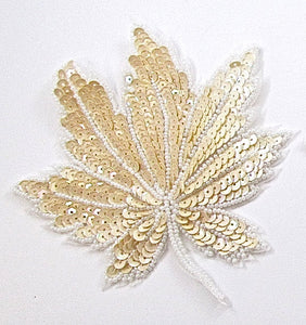 Leaf with Two Variants Beige and White Sequins and Beads 6" x 5"