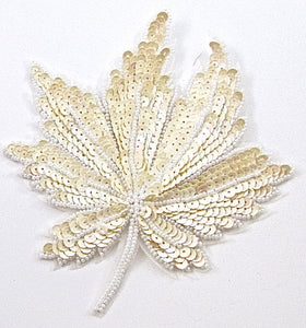 Leaf with Two Variants Beige and White Sequins and Beads 6" x 5"