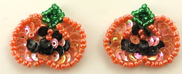 Pumpkin Pair with Orange, Green and Black Sequins and Beads 1