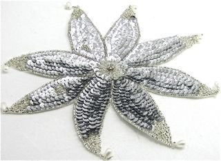 Flower with Silver Beads and Rhinestones - Pearl Tips 9" x 9"