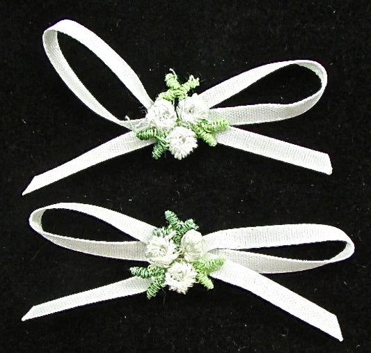 Set of Two White Flowers with Green Leaves and a White Ribbon 2" x 1"