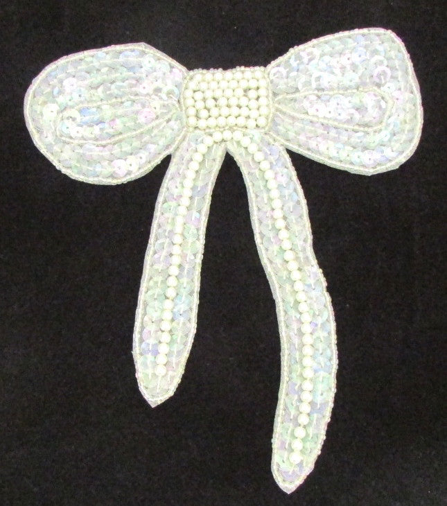 Bow with Iridescent Sequins and White Beads 6" x 6"