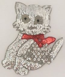 Cat with Silver Sequins Red Bow 7.5" X 6"