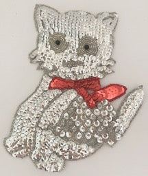Cat with Silver Sequins Red Bow 7.5" X 6"