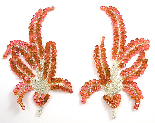 Leaf Pair with Flourescent Peach Sequins Silver Beads 6" x 3"