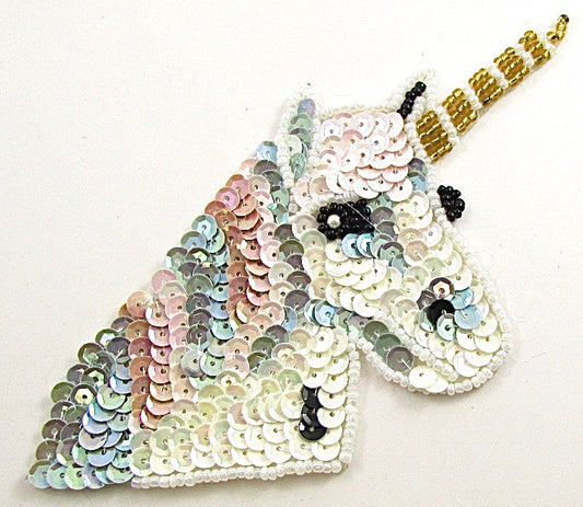 Unicorn Multicolored Sequins with Gold and White Beads 6" x 4"