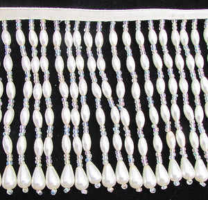 Trim Fringe with Tear Drop White Pearl Beads 4" Length