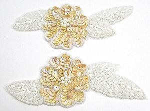 Flower Pair with Beige Sequins and White Pearl Beads 2.25" x 6"
