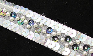 Trim Iridescent and Moonlite Sequins with White Pearls 1" Wide, Sold by the Yard