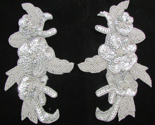 Flower Pair with Iridescent Beads and Silver Sequins 7.5" x 4.5"