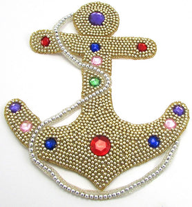 Anchor with Gold Beads and Colored Stones Large 10" x 8.5" - Sequinappliques.com