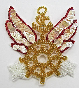 Anchor Patch with Wheel Wings & Stars, Sequin Beaded  3.5" x 3" - Sequinappliques.com