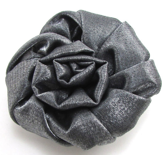 Brooch with Gunmetal Silk Fabric Shaped into a Flower 3.5"