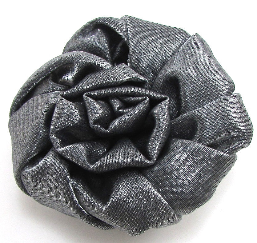 Brooch with Gun Metal Silk Fabrick Shaped into a Flower 3.5