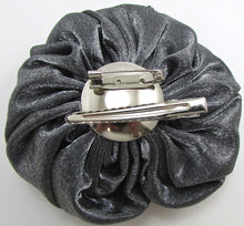 Load image into Gallery viewer, Brooch with Gun Metal Silk Fabrick Shaped into a Flower 3.5&quot;