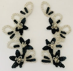 Flower Pair - Black Sequins Silver Beads and Rhinestones 10.5" x 9.5"
