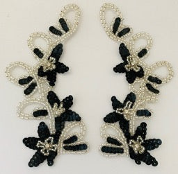 Flower Pair with Black Sequins Silver Beads and Rhinestones 10.5" x 9.5"