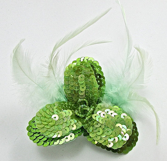 Flower Triple Layer Lime Green Sequins and Beads with Feathers 3.5" x 3.5"