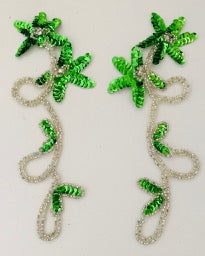 Flower Pair with Lime Green Sequins and Silver Beads and Rhinestones 8" x 3"