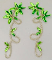 Flower Pair with Brilliant Green Sequins Silver Beads and Rhinestone 8" x 3"