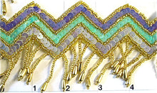 Load image into Gallery viewer, Fringe Trim Multi-Colored Southwestern Style Sequins and Gold Beads 3&quot; Wide, Sold by the Yard