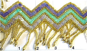 Fringe Trim Multi-Colored Southwestern Style Sequins and Gold Beads 3" Wide, Sold by the Yard