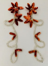 Flower Pair with Orange Sequins Silver Beads and Rhinestones 8" x 3"