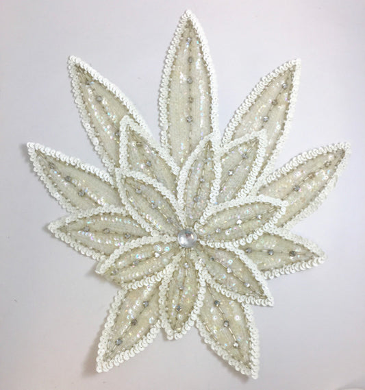 Leaf with Layered White and Iridescent Sequins, Beads and Rhinestones 13" x 10.5"