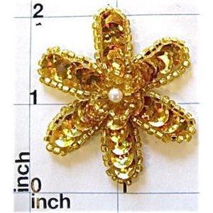 Flower with Gold Sequins and Beads and Pearl 2" x 2"