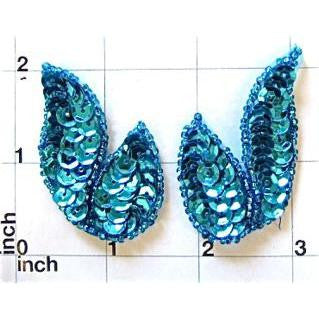 Leaf Pair with Sequins and Beads Turquoise 2.5"