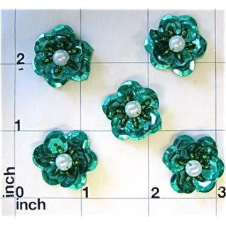 Set of 5 Teal Sequin Flower with Pearl 1"