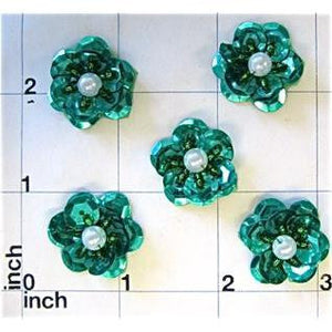 Set of 5 Teal Sequin Flower with Pearl 1"