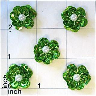 Flower Set of 5 Sparkly Green Sequins with Pearl Center 1"