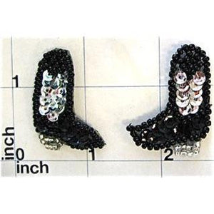 Pair Boot Cowboy with Black and Silver Sequins and Beads 1.5"