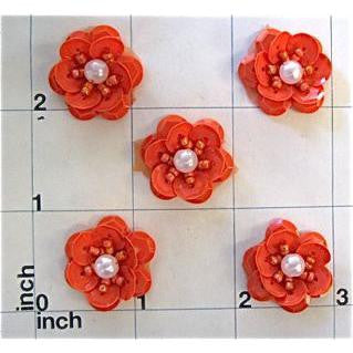 Flower Set of 5 Dark Orange Sequins and Pearl Center 1"