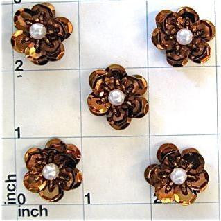 Flower Set of 5 Bronze Sequins and pearl center 1"