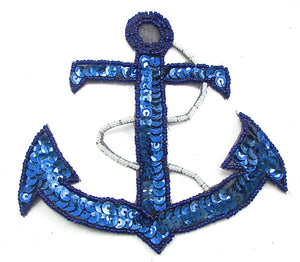 Anchor wtih Blue and White Sequins and Beads 4.5" x 4.5" - Sequinappliques.com