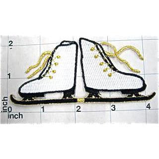 Ice Skates, White, Black with Metallic Gold Embroidered Iron-on 4" x 2"