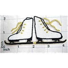 Load image into Gallery viewer, Ice Skates, White, Black with Metallic Gold Embroidered Iron-on 4&quot; x 2&quot;