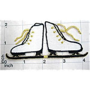Ice Skates, White, Black with Metallic Gold Embroidered Iron-on 4" x 2"