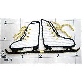 Ice Skates, White, Black with Metallic Gold Embroidered Iron-on 4