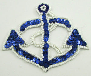 Anchor Blue Sequins White Beads 3" x 3.75" - Sequinappliques.com
