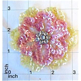 Flower Pink Layer with Beige Layer and Rhinestone Center 3"