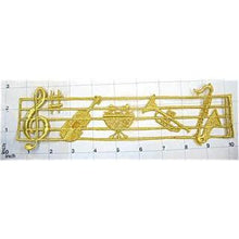 Load image into Gallery viewer, Musical Instruments on Scale, Metallic Gold Embroidered Iron-On 9.75&quot; x 3&#39;