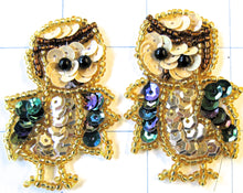 Load image into Gallery viewer, Owl pair with moonlite and gold sequins 2&quot; x 1.25&quot;