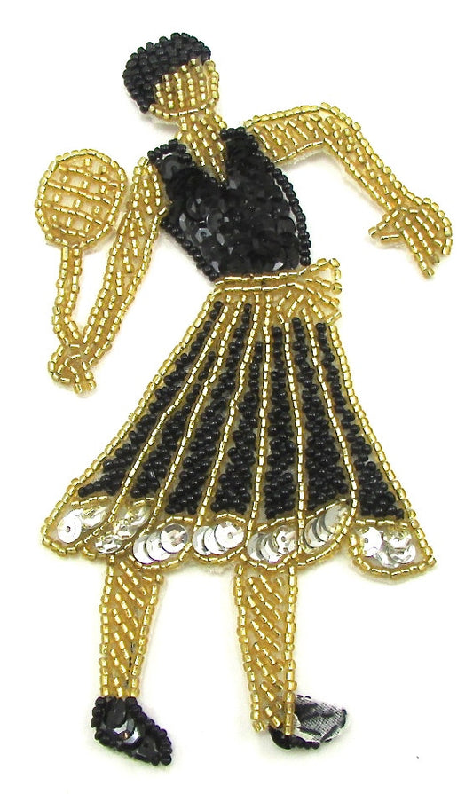Lady Playing Tennis with Black and Gold Sequins and Beads 6" x 3'